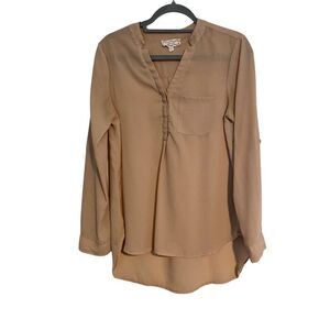Pink Rose Womens M Blouse Sheer Beige Popover Hi Low Hem Office Long Line Tunic